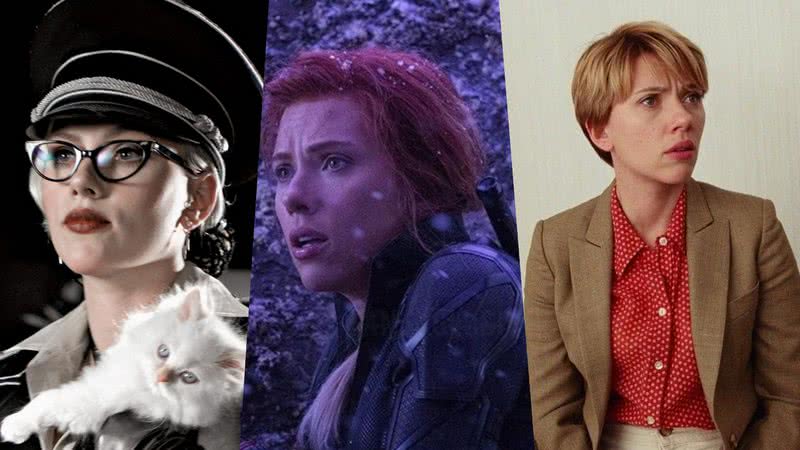 Scarlett Johansson em três filmes que marcaram sua carreira: "The Spirit - O Filme", "Vingadores: Ultimato" e "História de um Casamento" - Reprodução