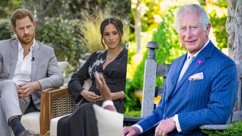 Harry e Meghan Markle em entrevista com Oprah Winfrey em 2021 | Príncipe Charles em foto publicada no perfil @clarencehouse - Joe Pugliese/Harpo Productions via AP | Reprodução/Instagram