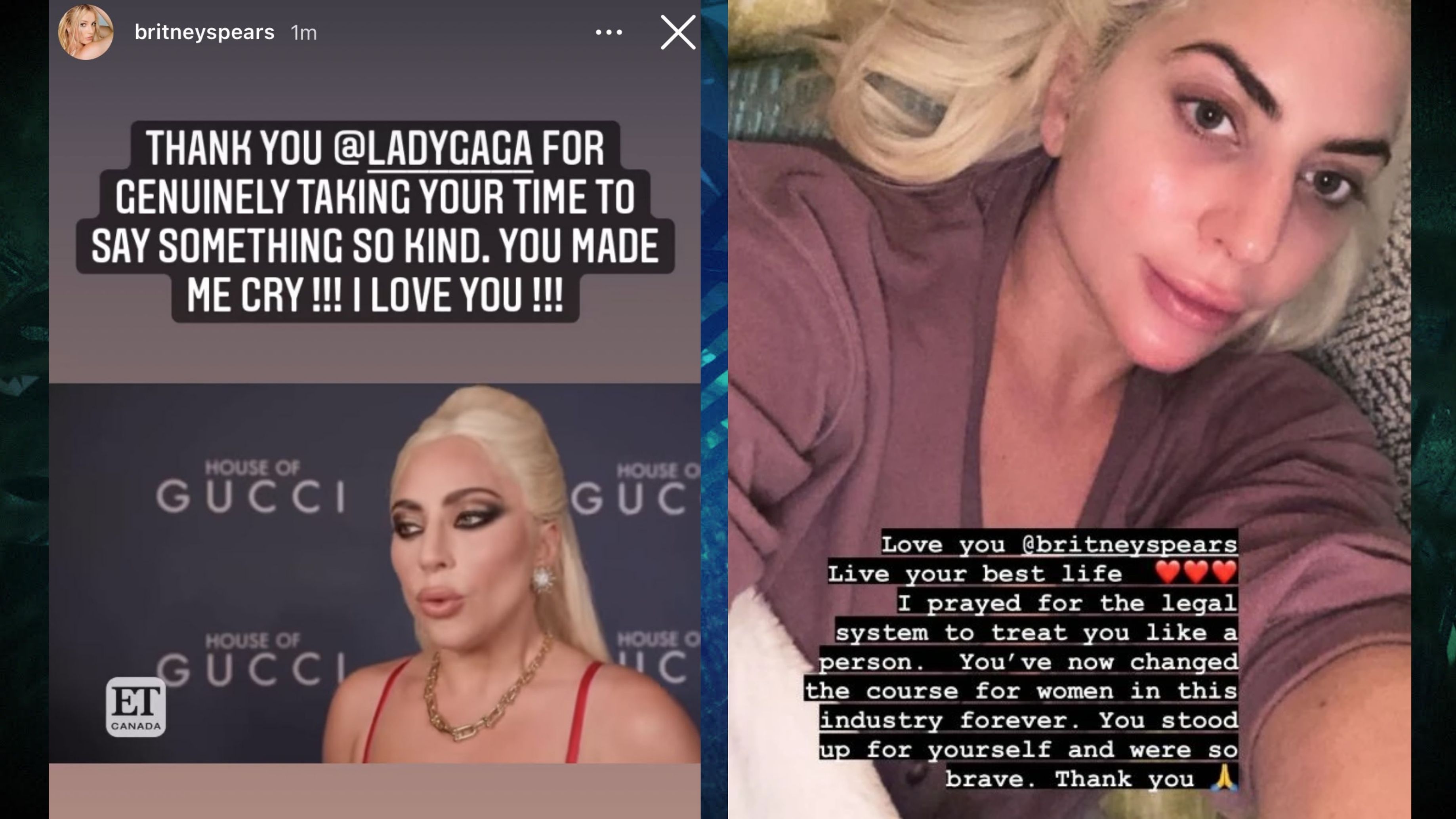 Prints das interações por stories do Instagram de Britney Spears e Lady Gaga